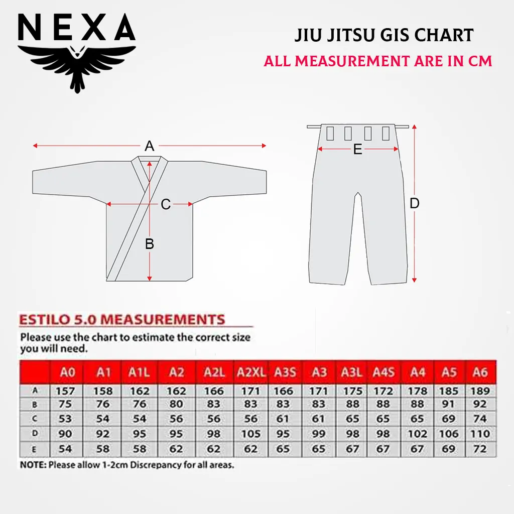 Jiu Jitsu gi size chart